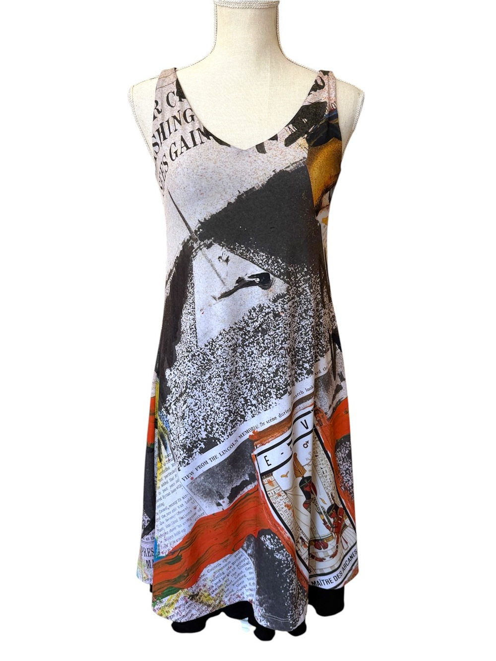 Newspaper Collage Print Dress XS Sleeveless V Neck Retro Art Graphic Black White